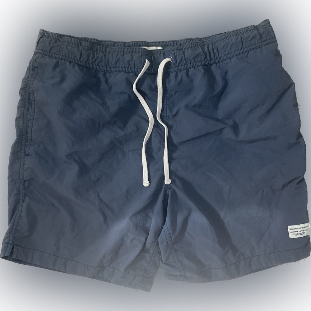 Modern Amusement Grey Blue Tie Up Swim Trunks Board Shorts with Pockets Size M